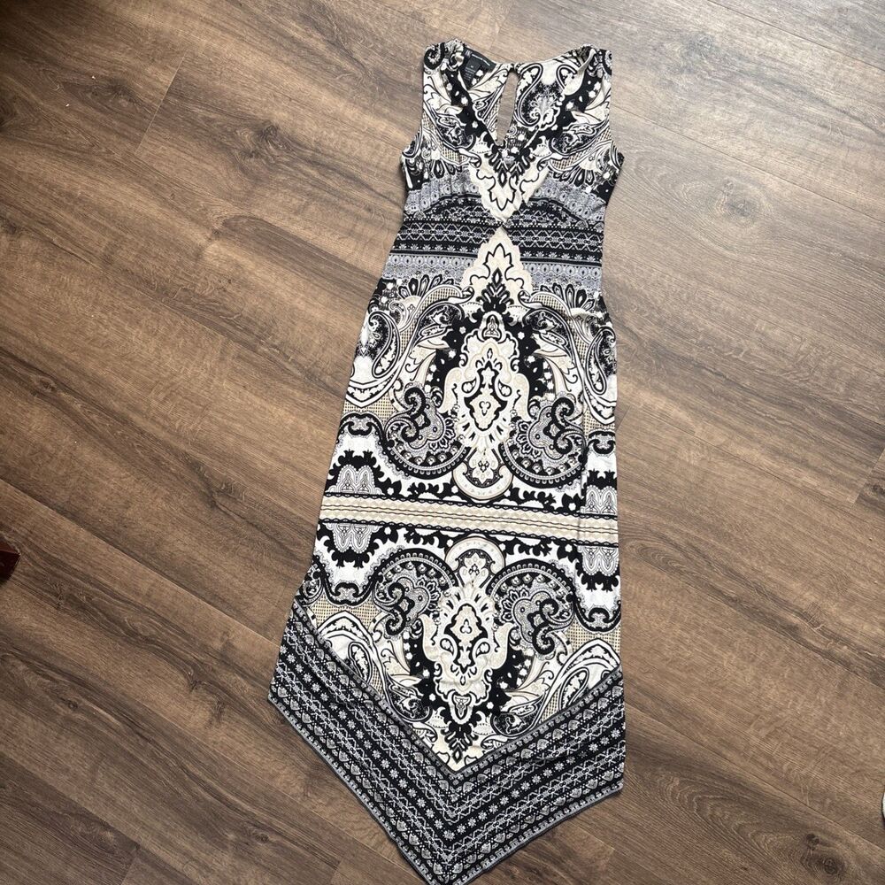 Women’s INC Black/White Paisley Sleeveless V-Neck Maxi Long Dress Boho Size XS